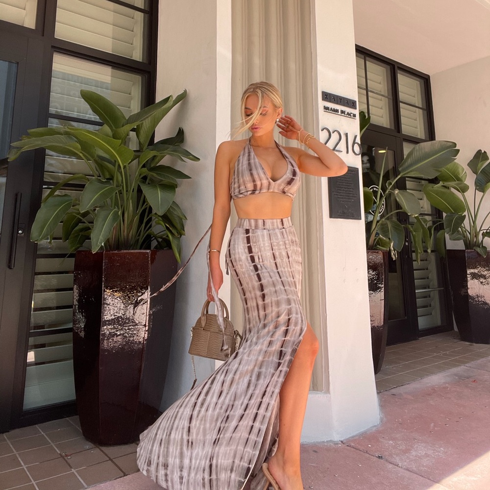 Brown Tie Dye Halter Top & Maxi Skirt Set
